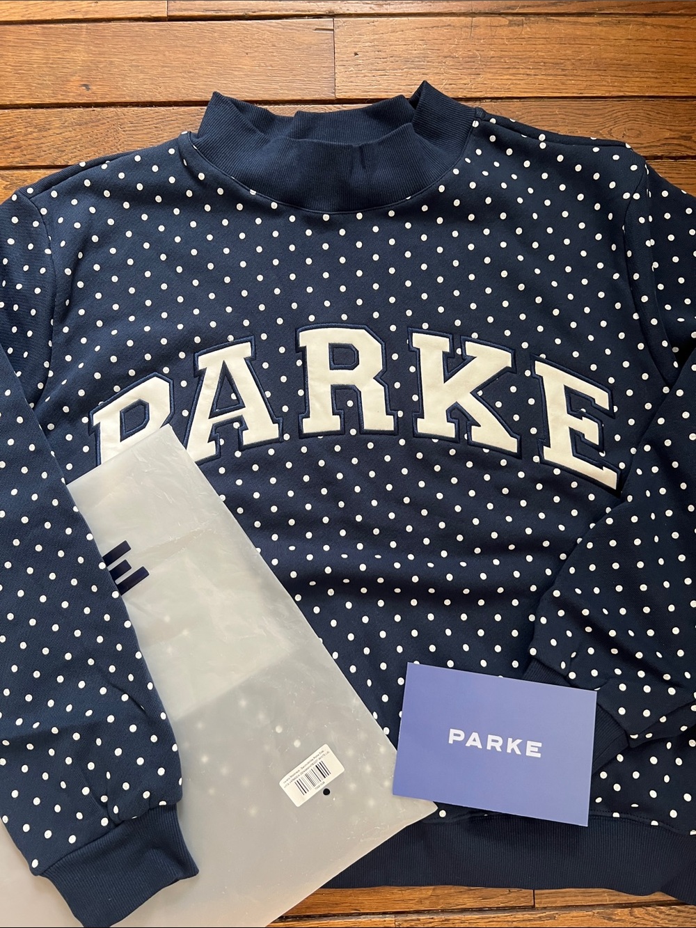 Parke Navy White Polka Dot Varsity Mockneck Size L/XL Heritage New In Bag NWT